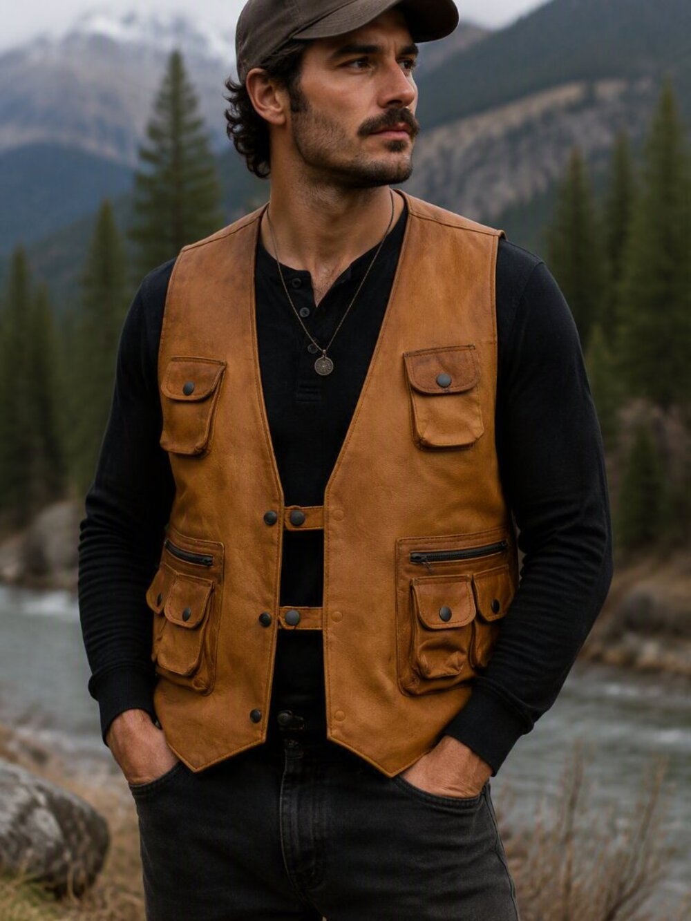Vintage Tan Genuine Leather Utility Vest | Multi-Pocket Snap Front | Motorcycle